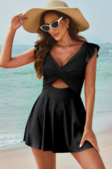 Cutout V - Neck Cap Sleeve One - Piece Swimwear - Admiresty