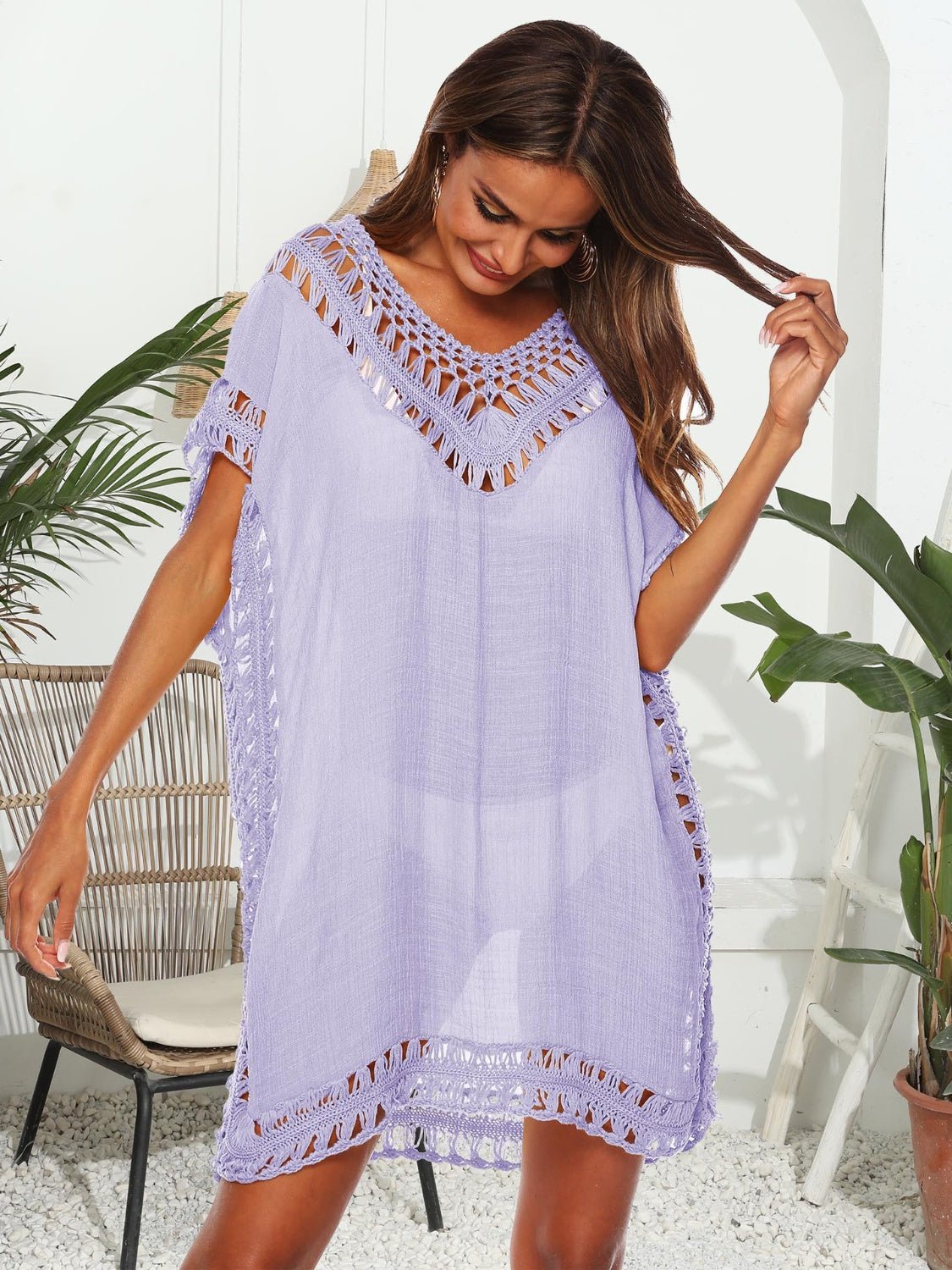 Cutout V - Neck Short Sleeve Cover - Up - Admiresty