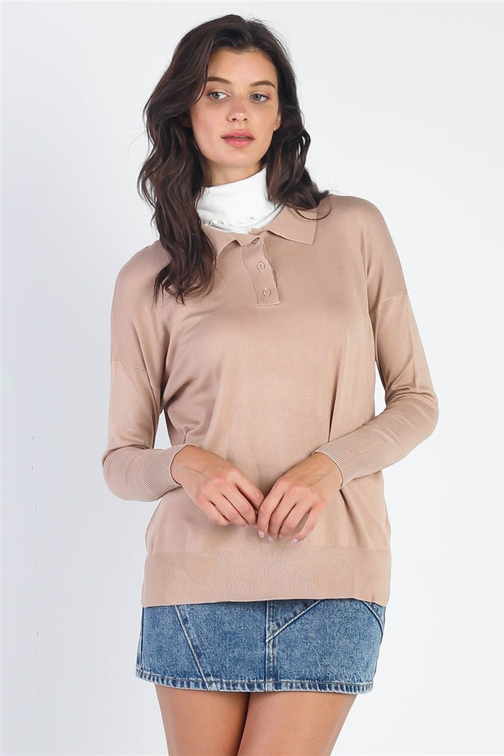 Tasha Apparel Button Up Collar Neck Long Sleeve Knit Top