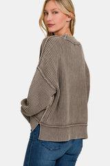 Zenana Exposed Seam Round Neck Dropped Shoulder Sweater