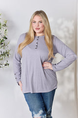 Heimish Full Size Texture Half Button Long Sleeve Top