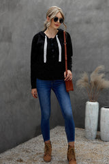 Woven Right Lace Trim Half-Button Drawstring Knit Hoodie