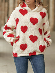 Fuzzy Heart Pocketed Dropped Shoulder Hoodie