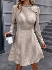 Decorative Button Mock Neck Long Sleeve Sweater Dress - Admiresty