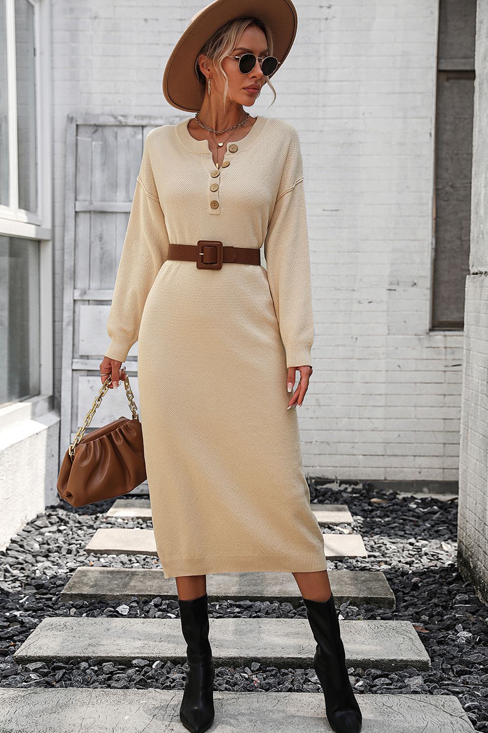 Decorative Button Notched Dropped Shoulder Sweater Dress - Admiresty