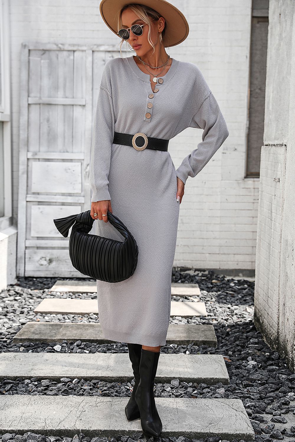 Decorative Button Notched Dropped Shoulder Sweater Dress - Admiresty