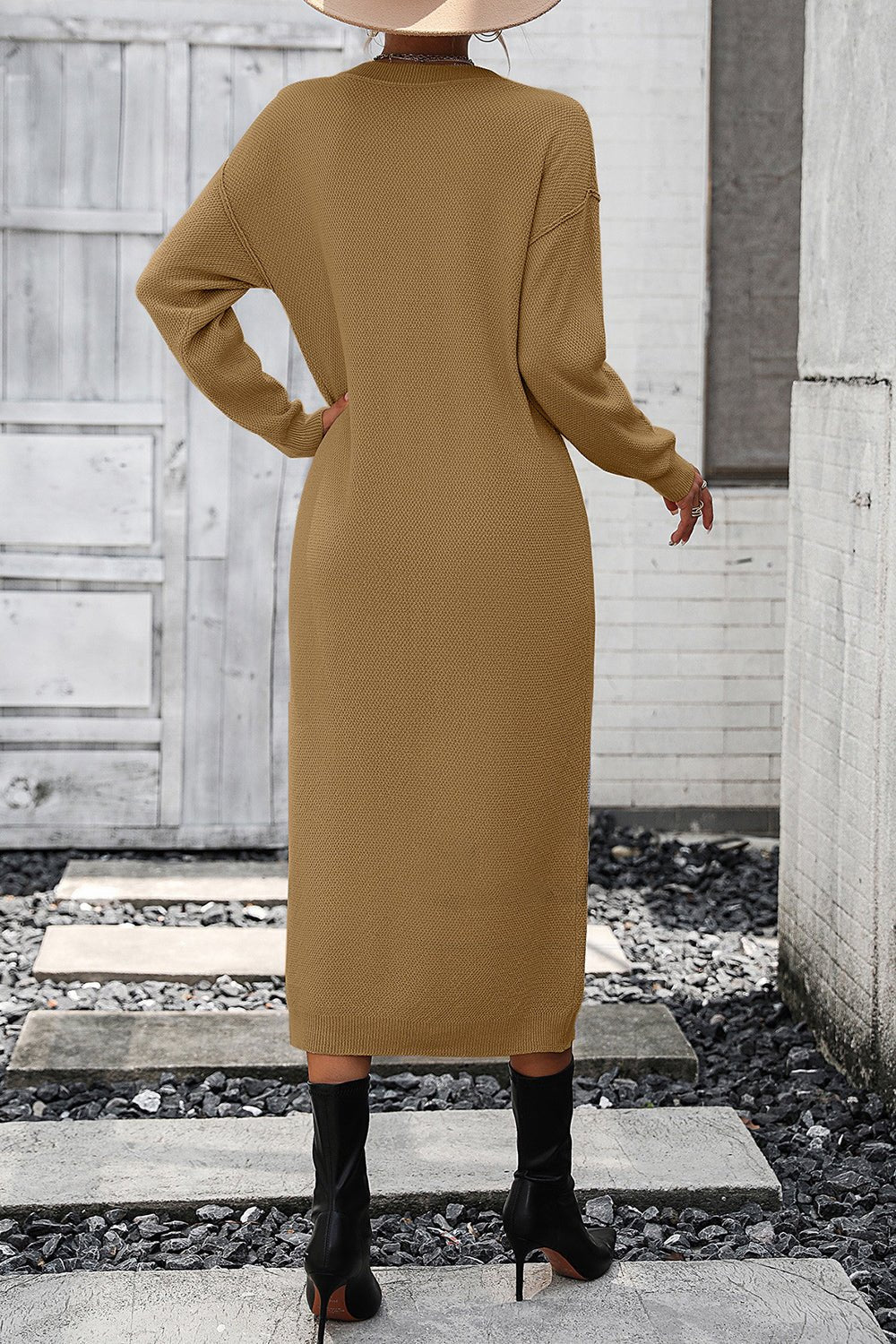 Decorative Button Notched Dropped Shoulder Sweater Dress - Admiresty