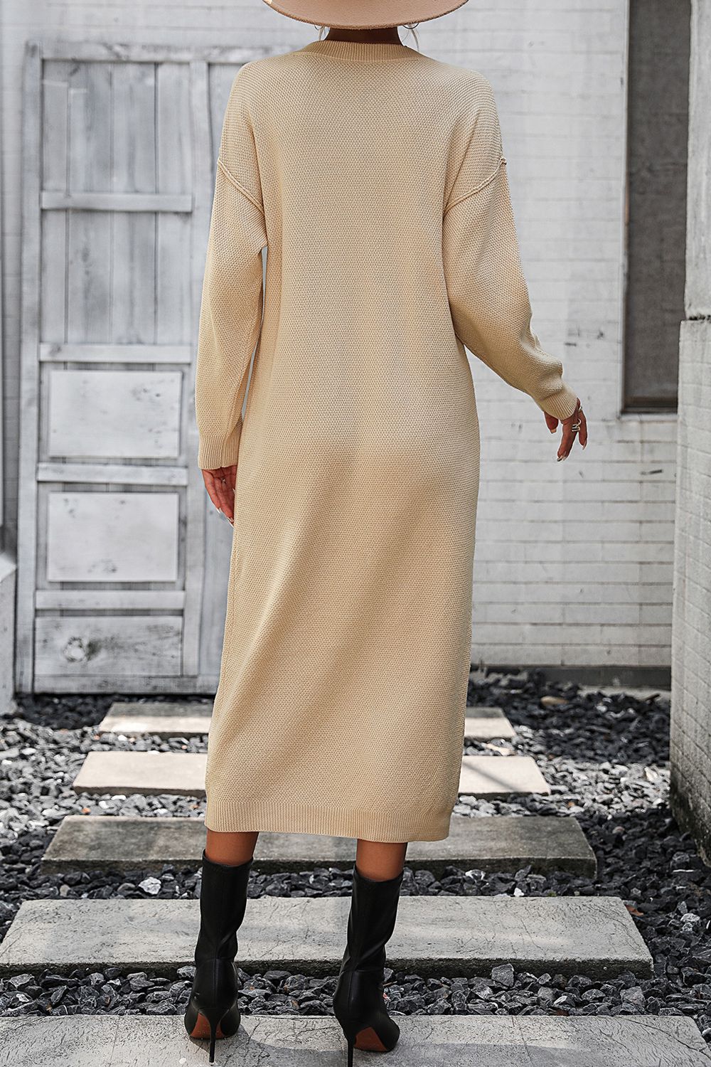 Decorative Button Notched Dropped Shoulder Sweater Dress - Admiresty