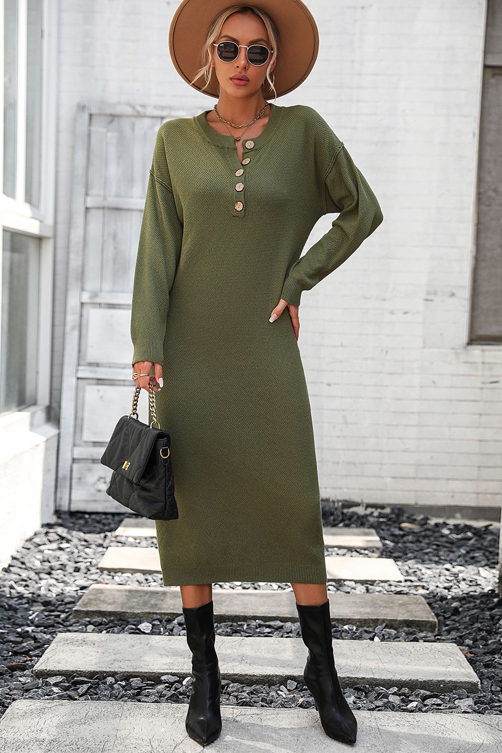 Decorative Button Notched Dropped Shoulder Sweater Dress - Admiresty