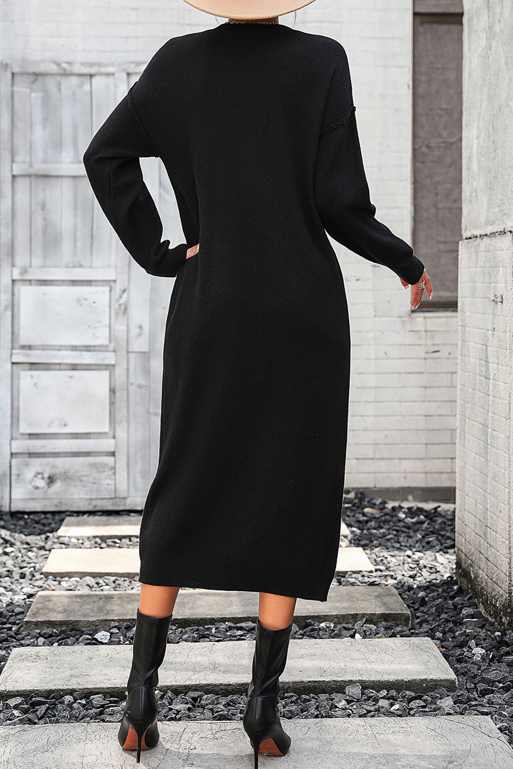 Decorative Button Notched Dropped Shoulder Sweater Dress - Admiresty