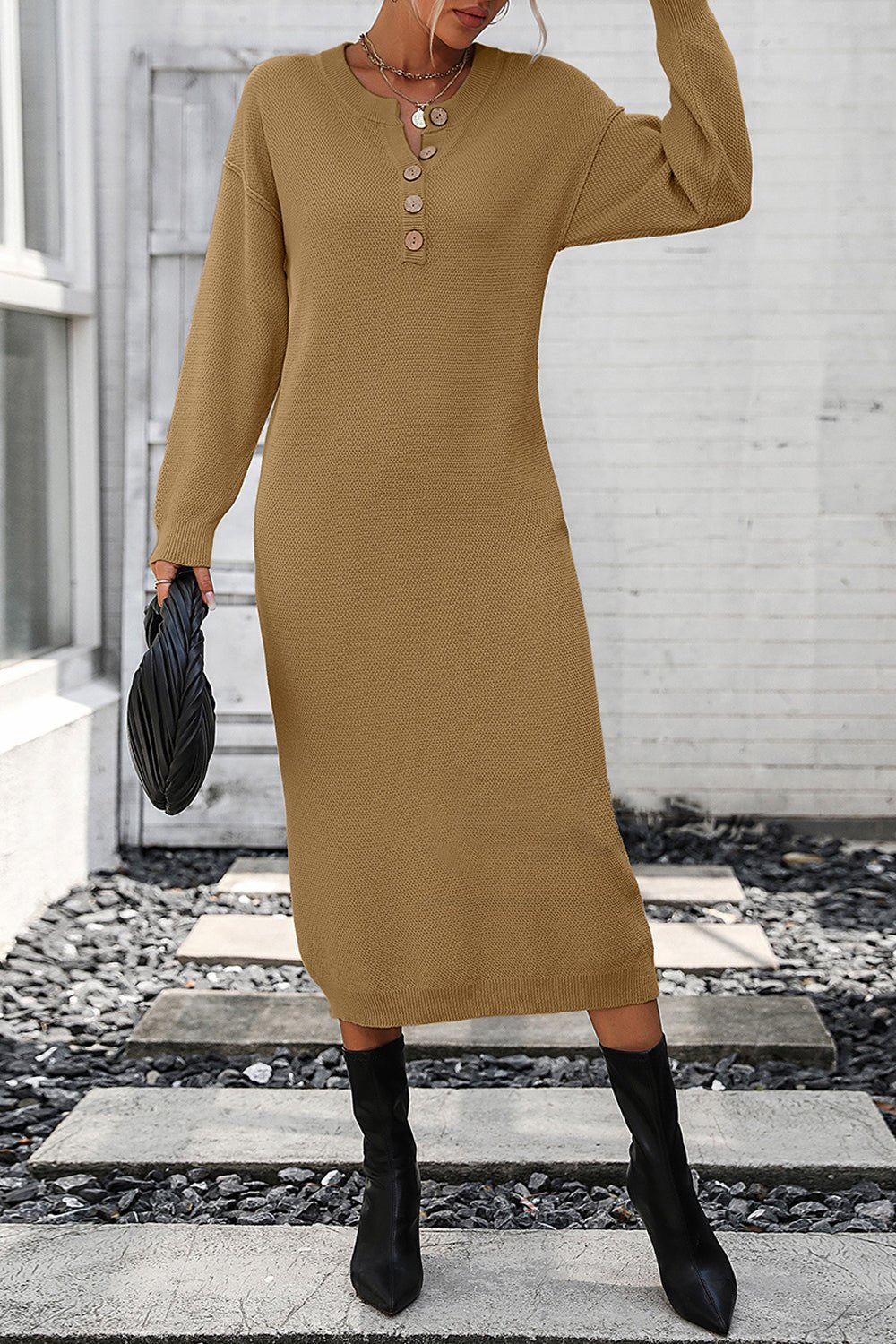 Decorative Button Notched Dropped Shoulder Sweater Dress - Admiresty