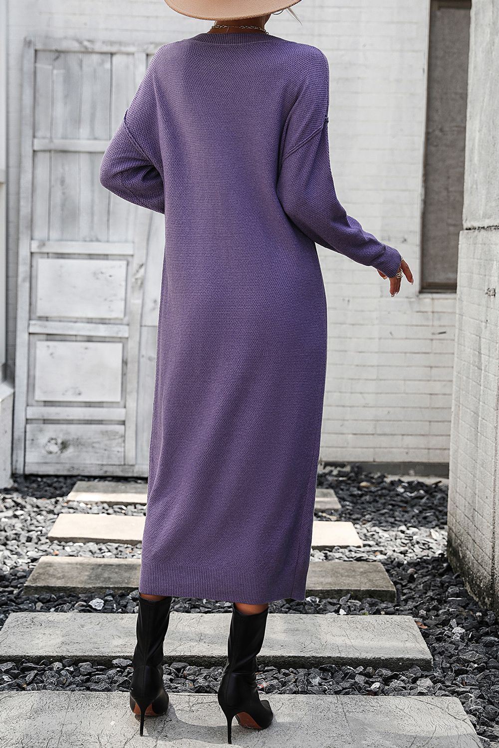 Decorative Button Notched Dropped Shoulder Sweater Dress - Admiresty