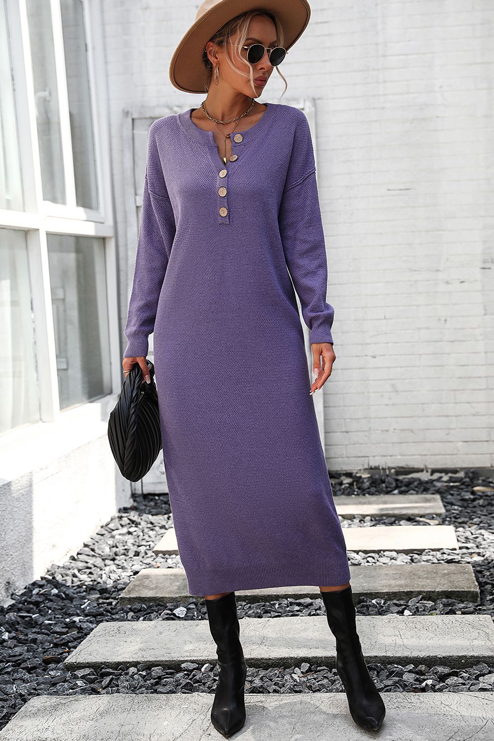 Decorative Button Notched Dropped Shoulder Sweater Dress - Admiresty