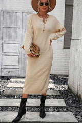 Decorative Button Notched Dropped Shoulder Sweater Dress - Admiresty