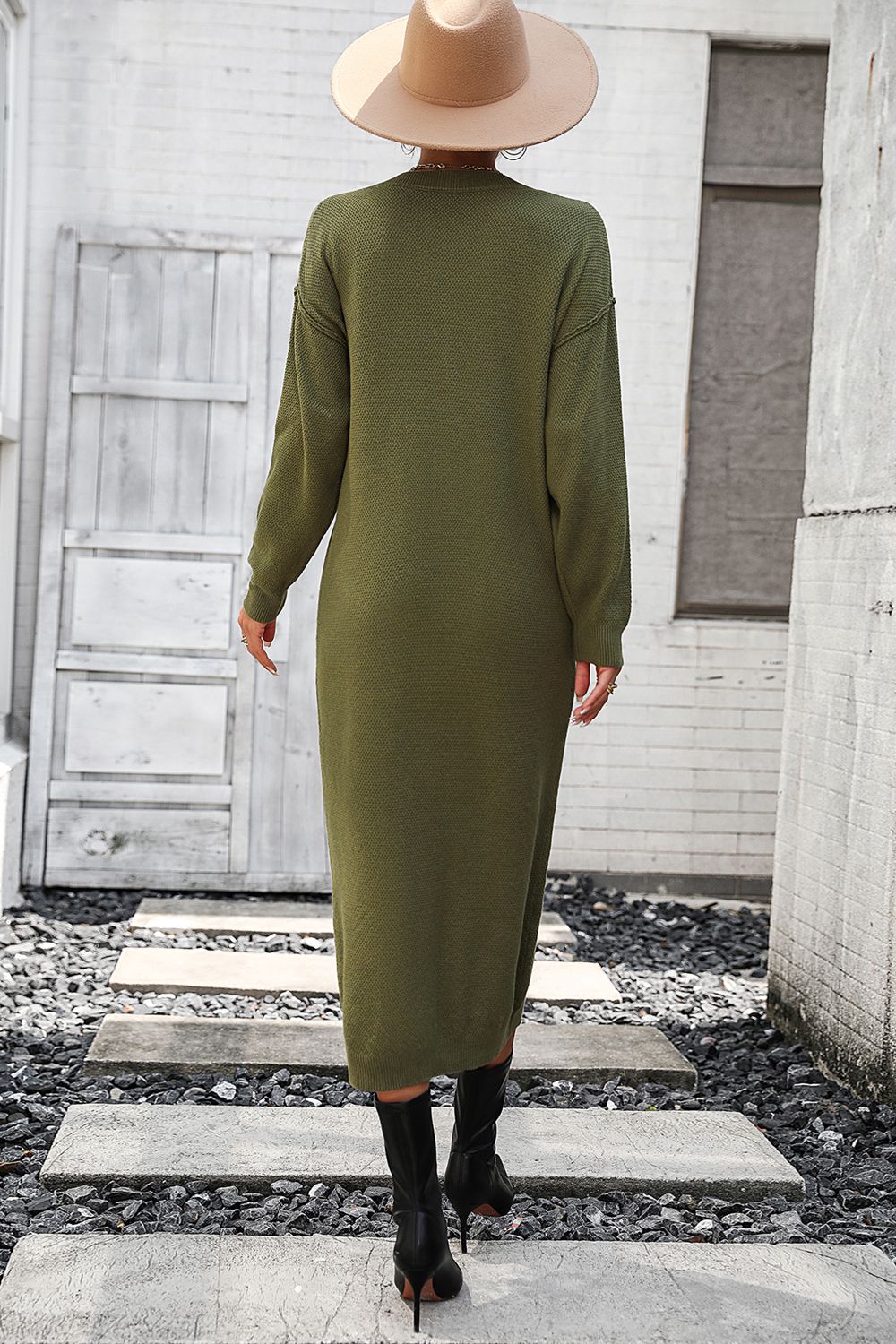 Decorative Button Notched Dropped Shoulder Sweater Dress - Admiresty