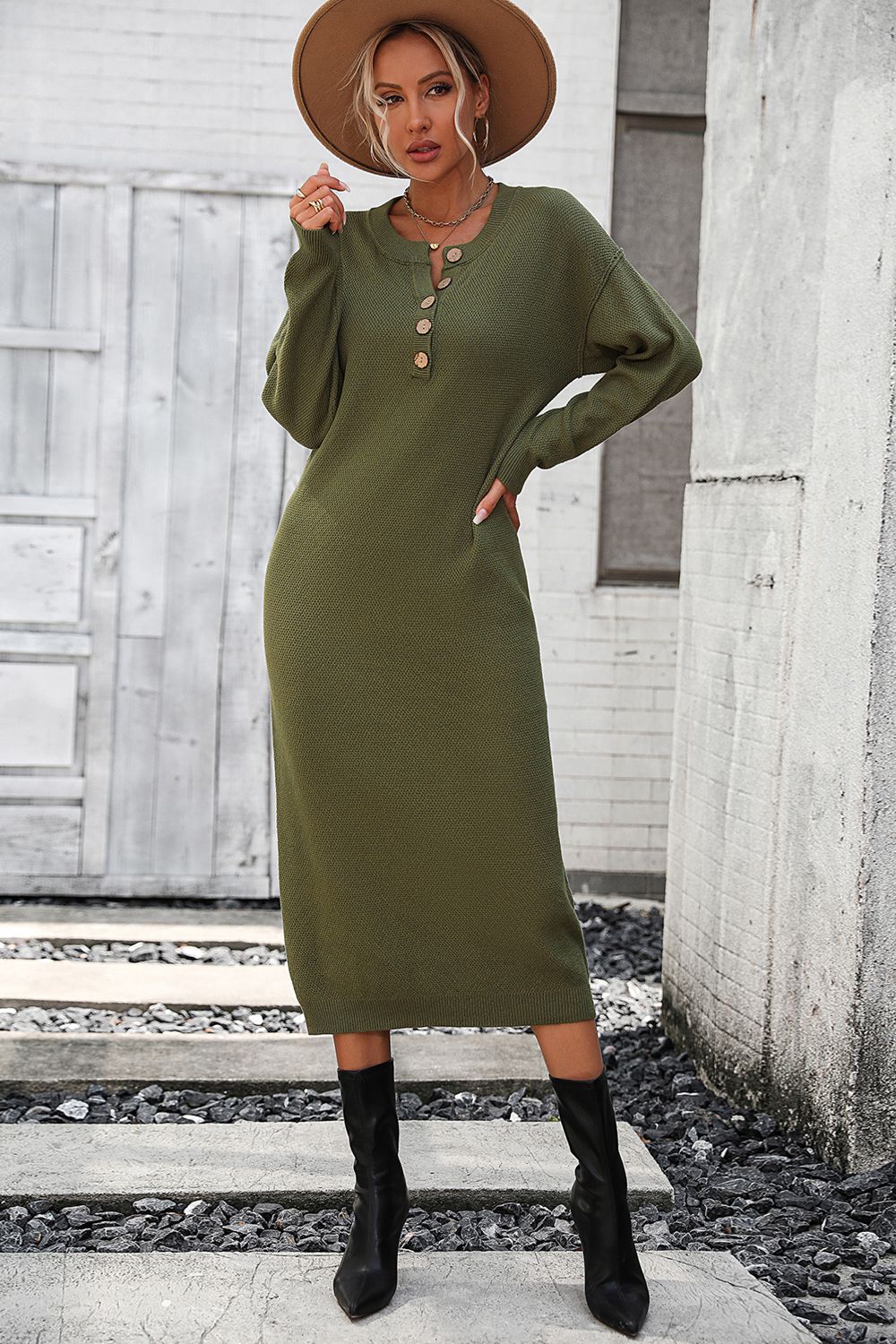 Decorative Button Notched Dropped Shoulder Sweater Dress - Admiresty