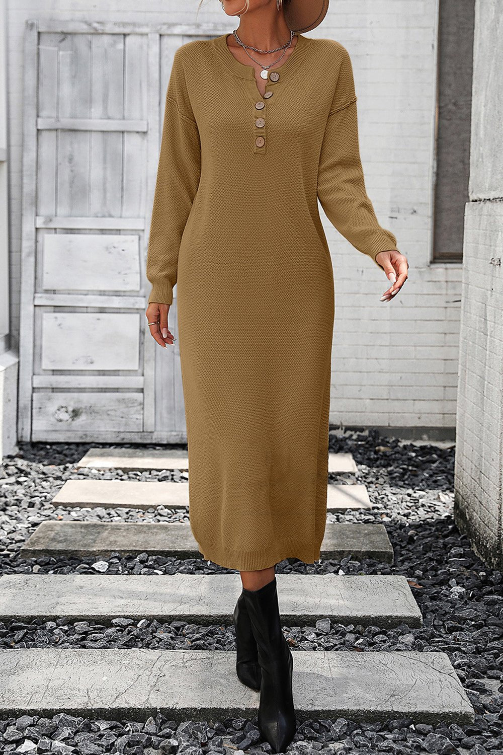 Decorative Button Notched Dropped Shoulder Sweater Dress - Admiresty