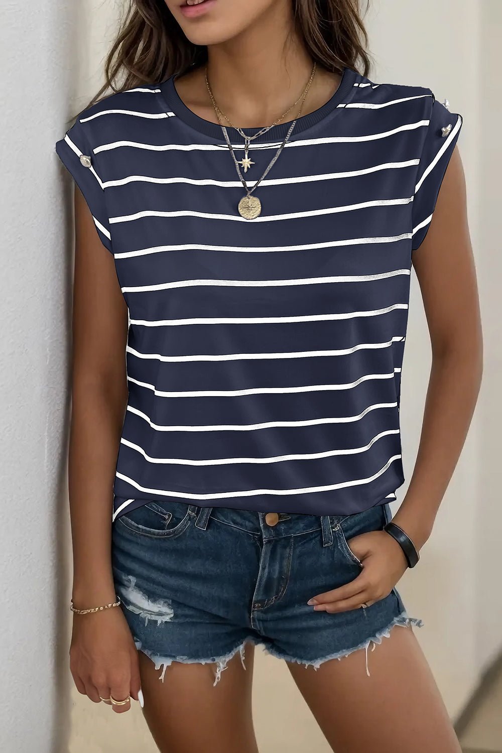 Decorative Button Round Neck T - Shirt - Admiresty