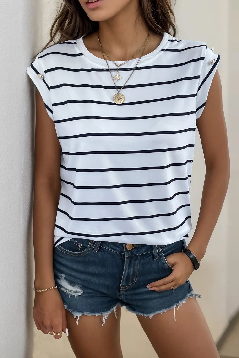 Decorative Button Round Neck T - Shirt - Admiresty