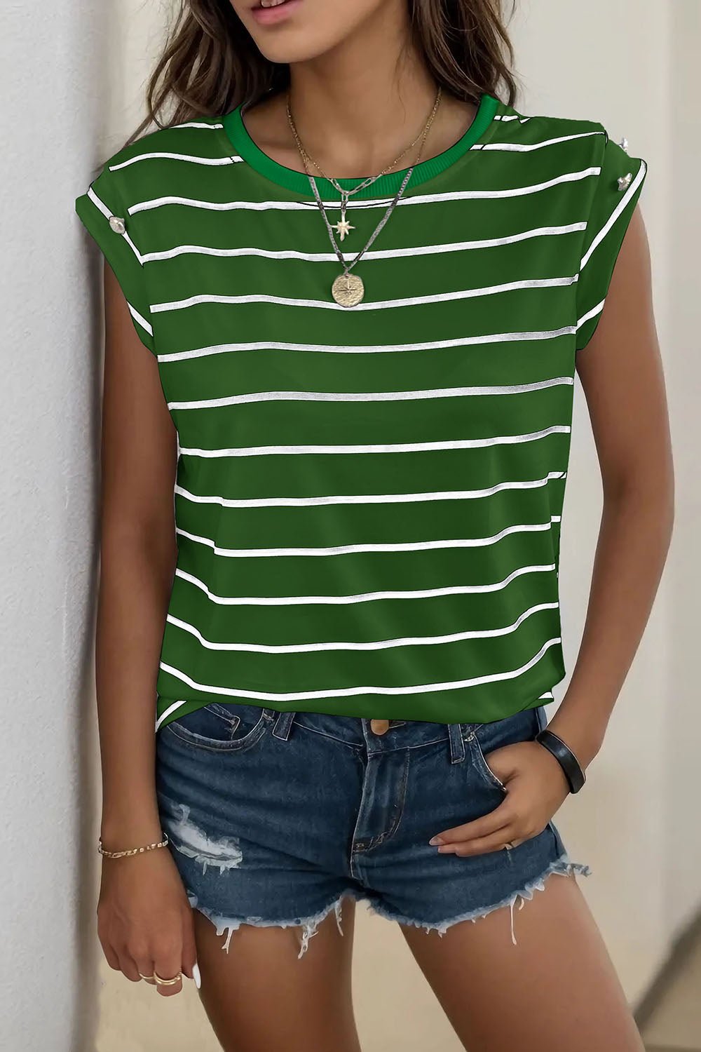 Decorative Button Round Neck T - Shirt - Admiresty