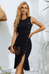 Decorative Button Split Ribbed Sleeveless Knit Dress - Admiresty