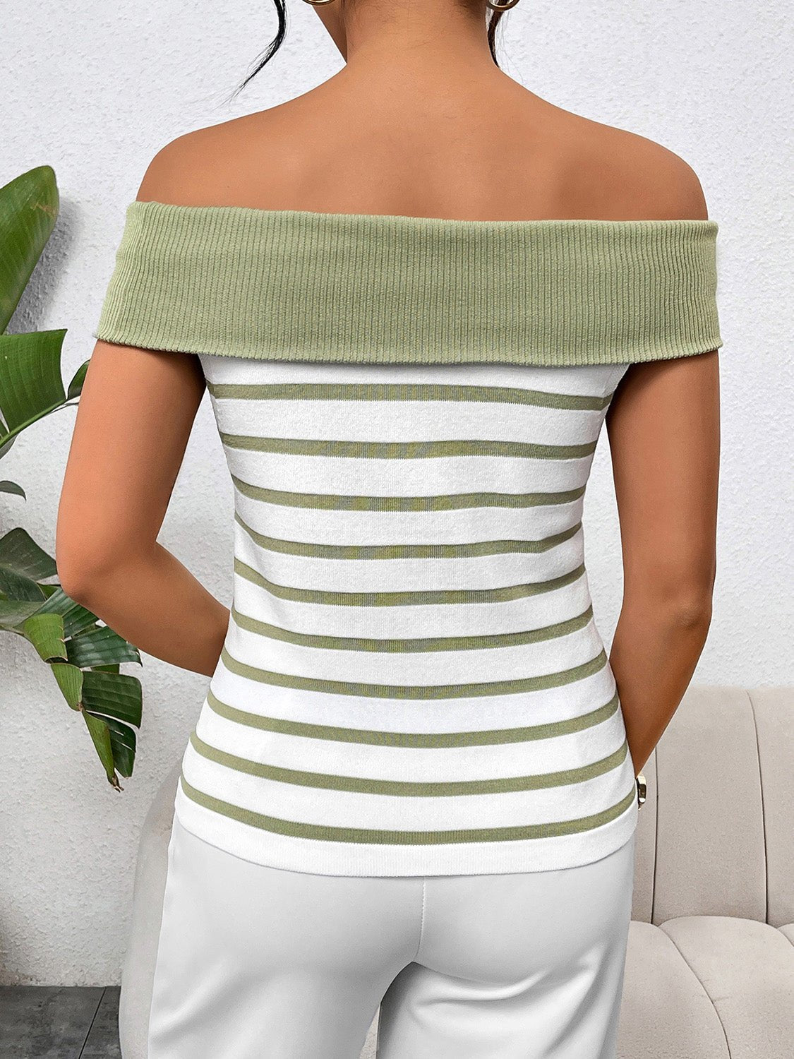 Decorative Button Striped Off - Shoulder Knit Top - Admiresty