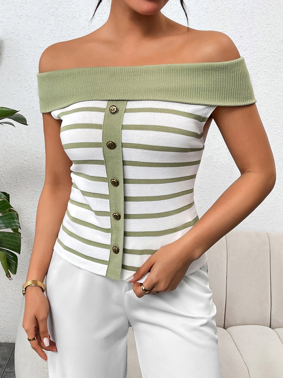 Decorative Button Striped Off - Shoulder Knit Top - Admiresty