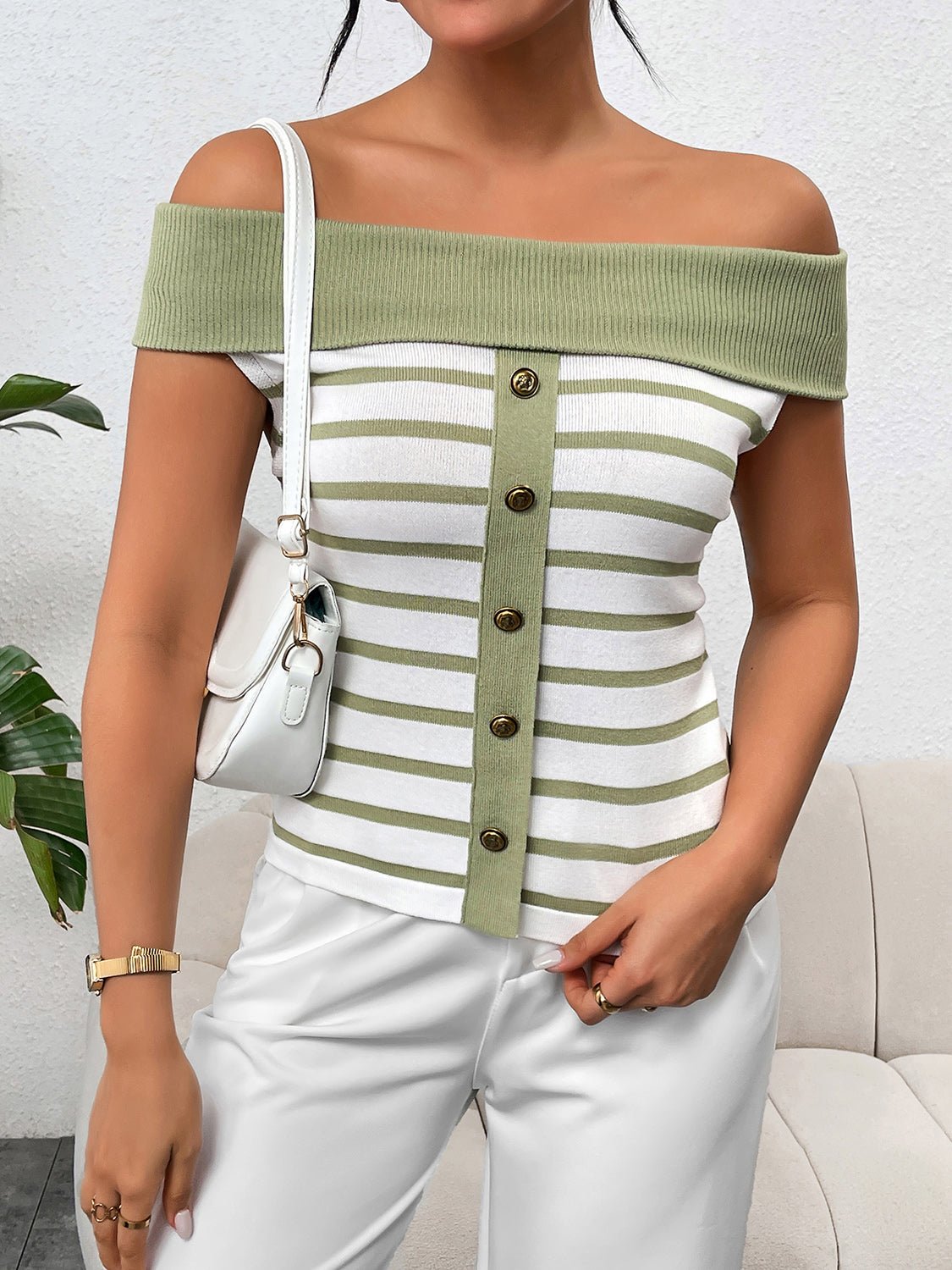 Decorative Button Striped Off - Shoulder Knit Top - Admiresty