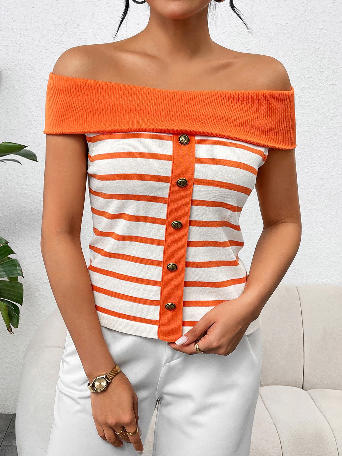 Decorative Button Striped Off - Shoulder Knit Top - Admiresty