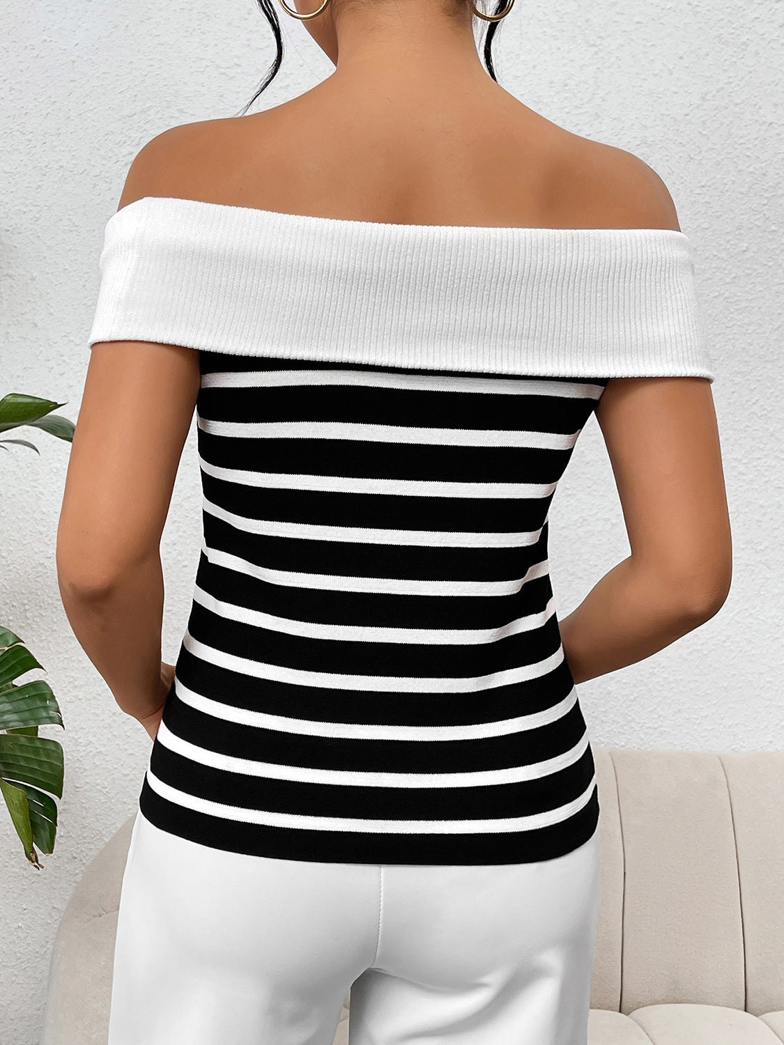 Decorative Button Striped Off - Shoulder Knit Top - Admiresty