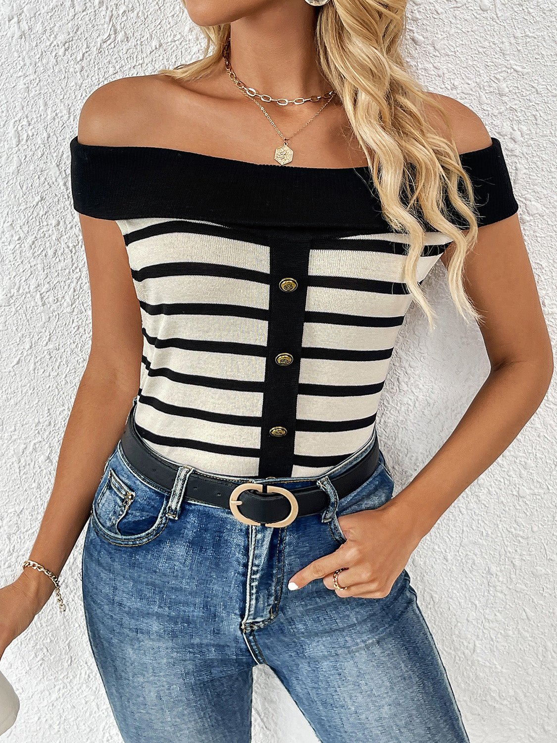 Decorative Button Striped Off - Shoulder Knit Top - Admiresty