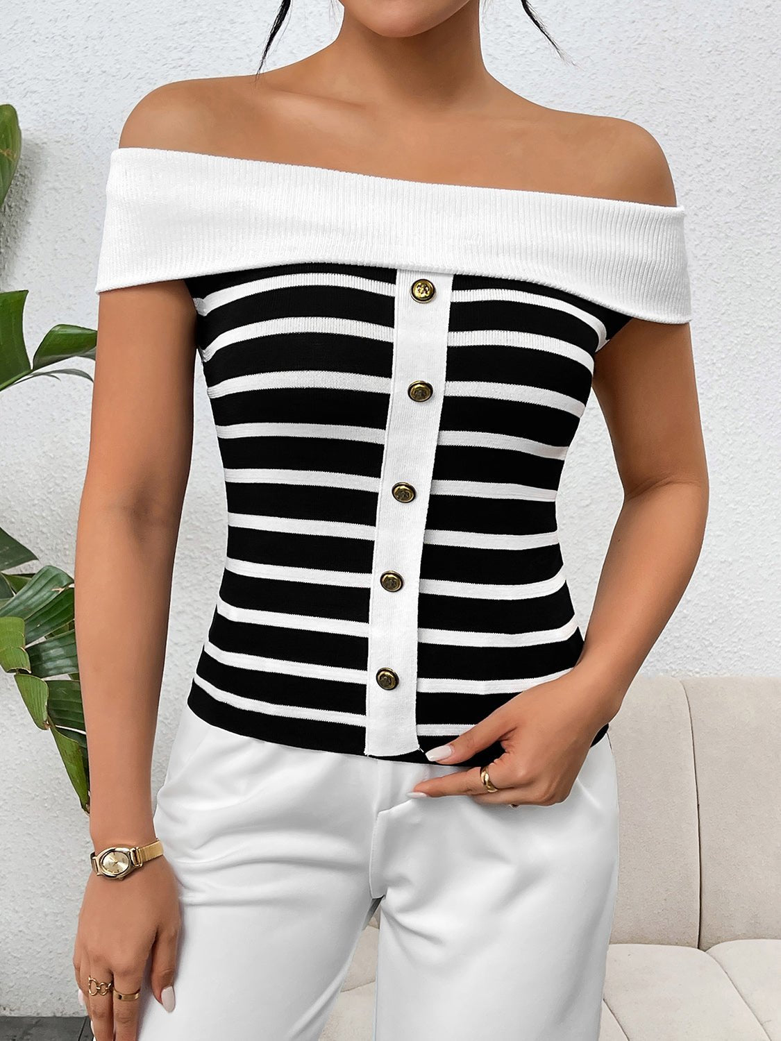 Decorative Button Striped Off - Shoulder Knit Top - Admiresty