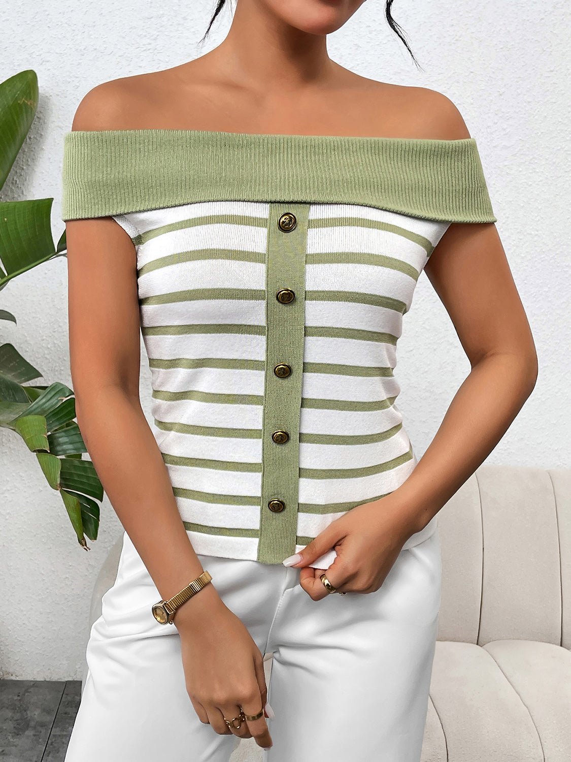 Decorative Button Striped Off - Shoulder Knit Top - Admiresty