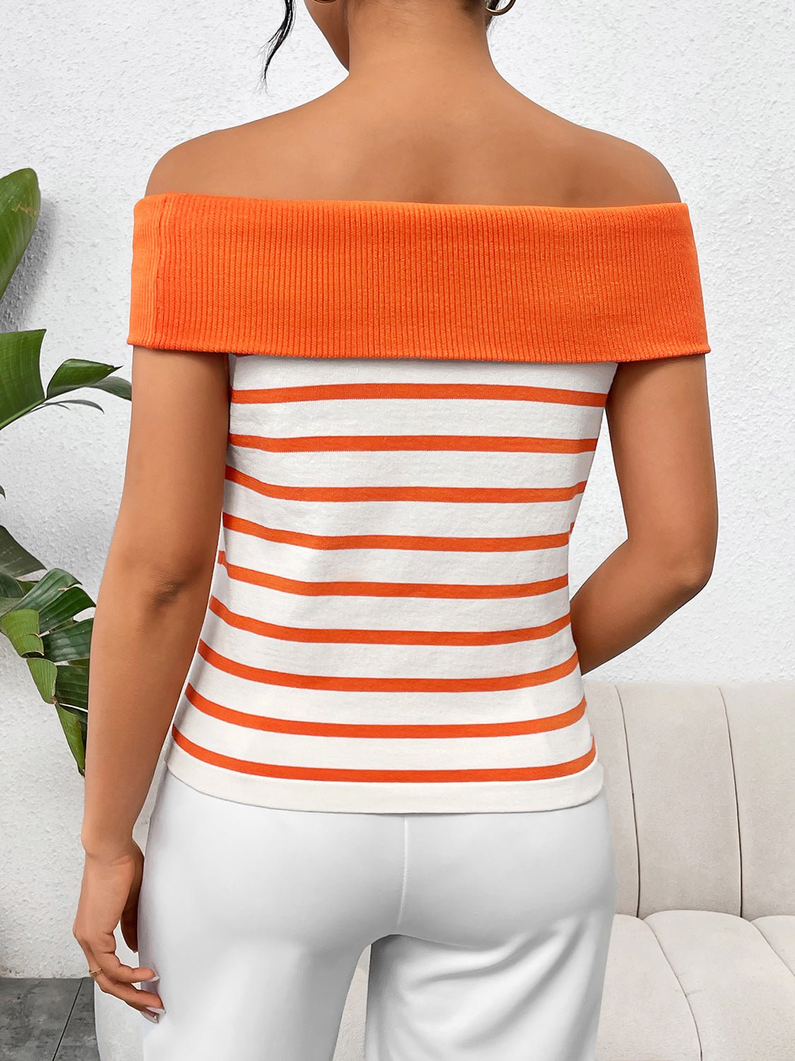 Decorative Button Striped Off - Shoulder Knit Top - Admiresty