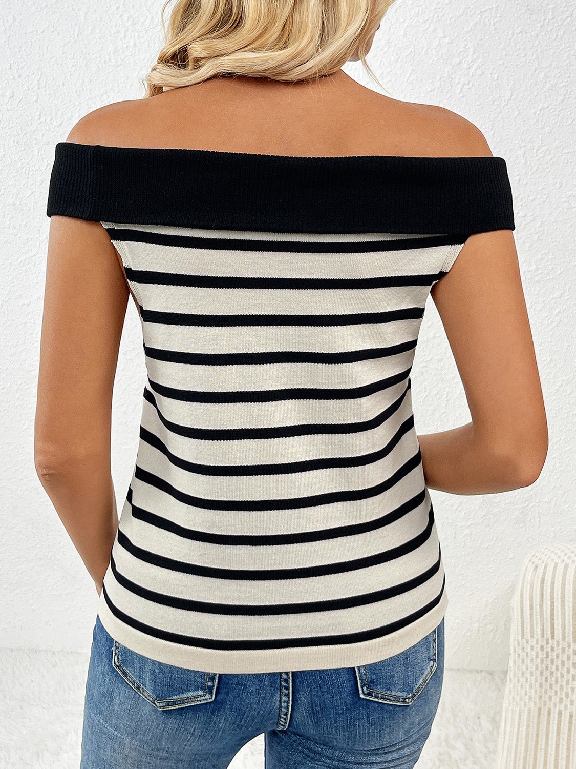 Decorative Button Striped Off - Shoulder Knit Top - Admiresty