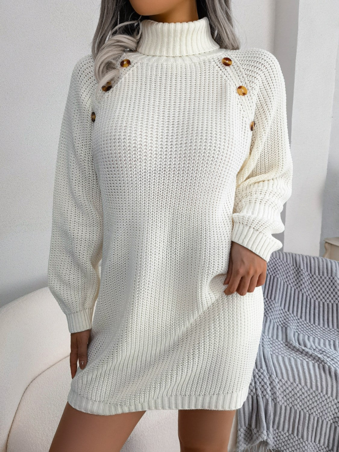 Decorative Button Turtleneck Sweater Dress - Admiresty