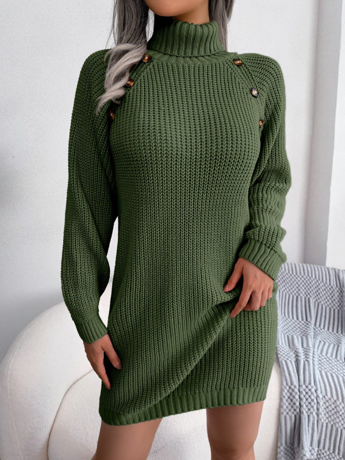 Decorative Button Turtleneck Sweater Dress - Admiresty