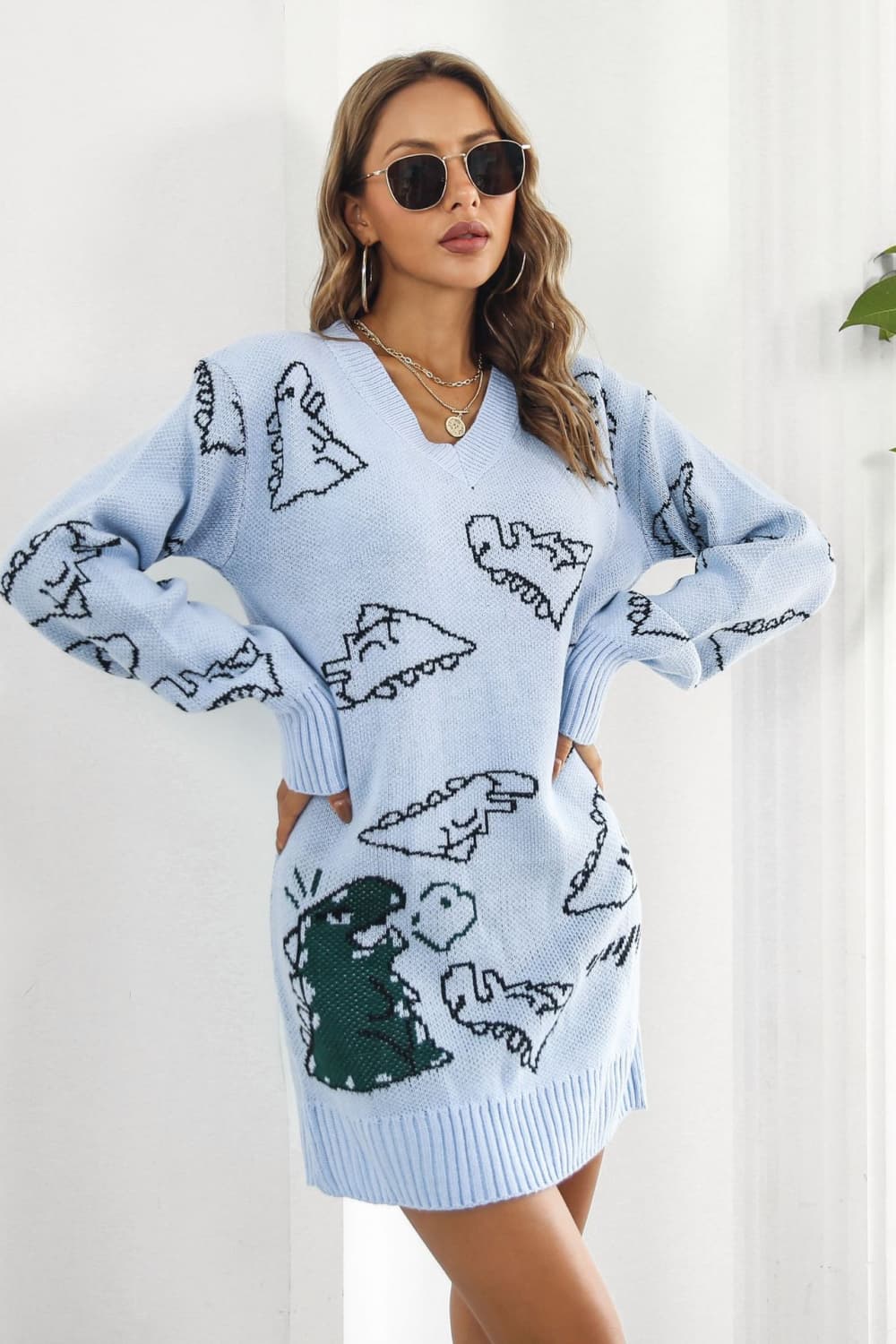 Dinosaur Pattern V - Neck Sweater Dress - Admiresty