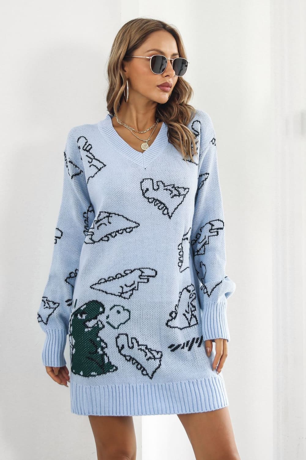 Dinosaur Pattern V - Neck Sweater Dress - Admiresty