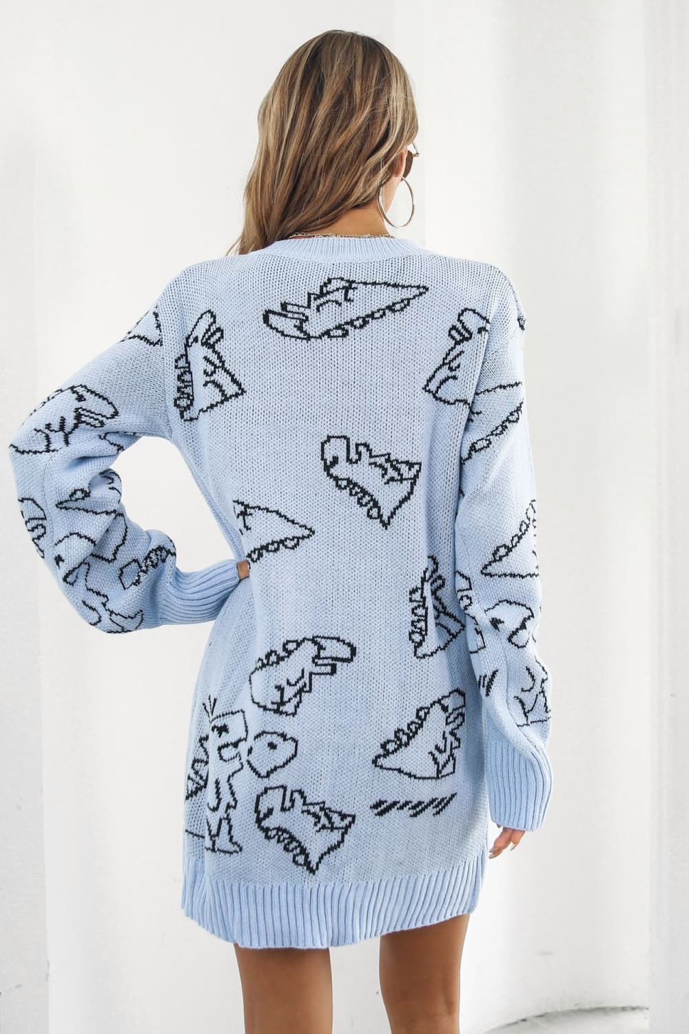 Dinosaur Pattern V - Neck Sweater Dress - Admiresty