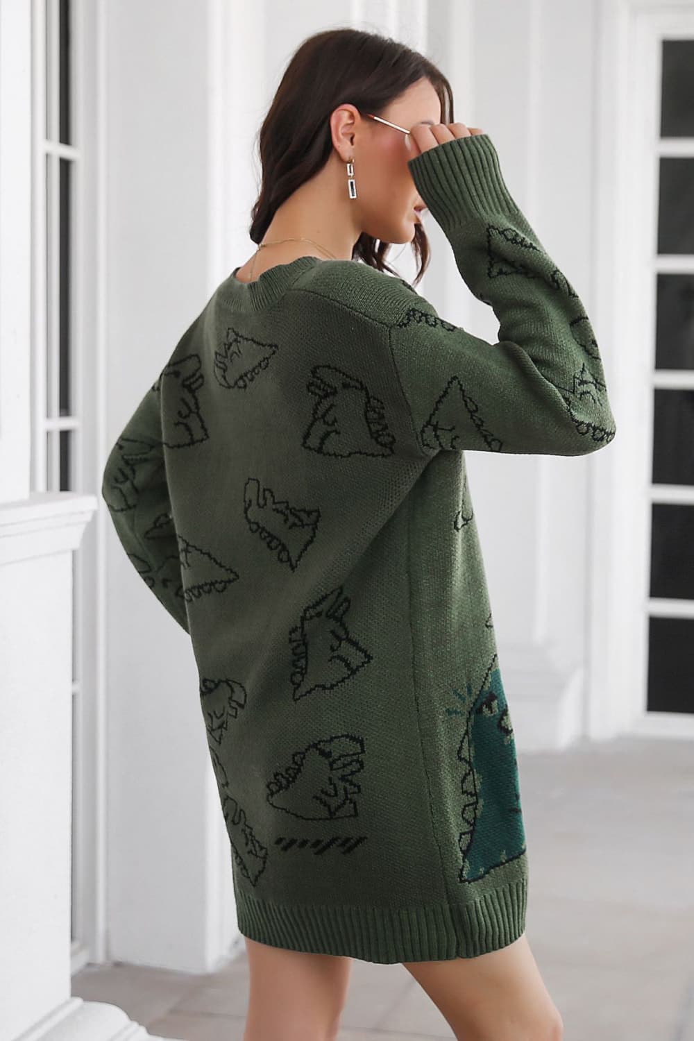 Dinosaur Pattern V - Neck Sweater Dress - Admiresty