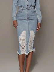 Distressed Slit Denim Skirt - Admiresty