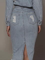 Distressed Slit Denim Skirt - Admiresty