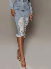 Distressed Slit Denim Skirt - Admiresty