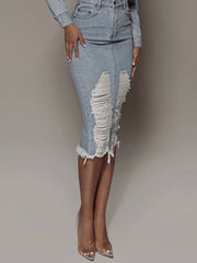 Distressed Slit Denim Skirt - Admiresty