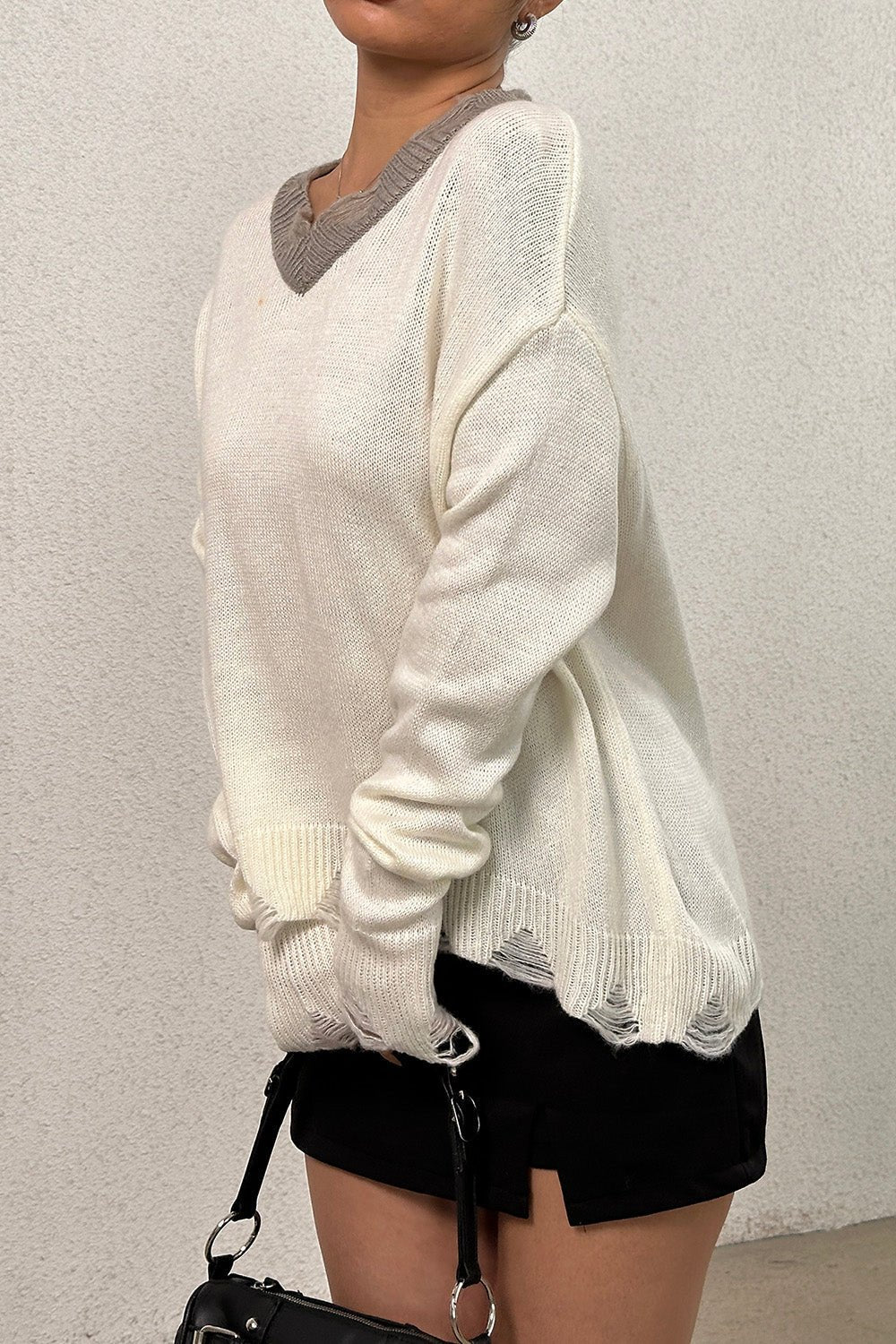 Distressed V - Neck Dropped Shoulder Sweater - Admiresty