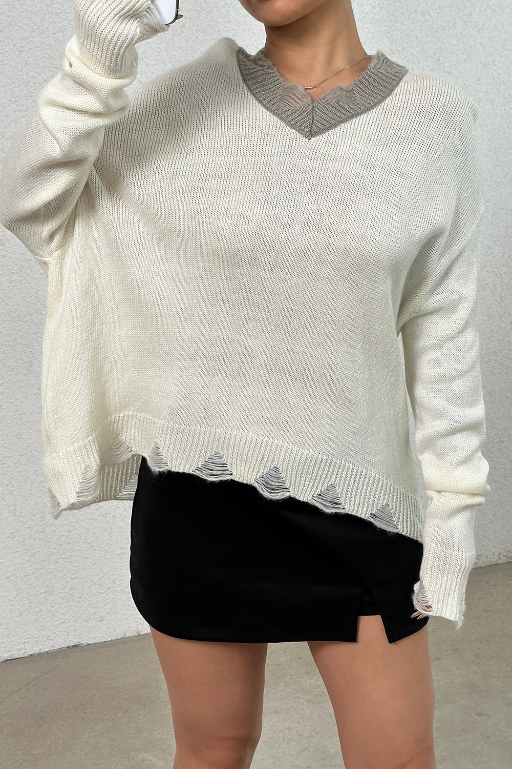 Distressed V - Neck Dropped Shoulder Sweater - Admiresty