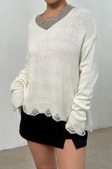 Distressed V - Neck Dropped Shoulder Sweater - Admiresty