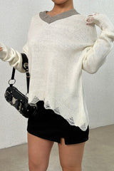 Distressed V - Neck Dropped Shoulder Sweater - Admiresty