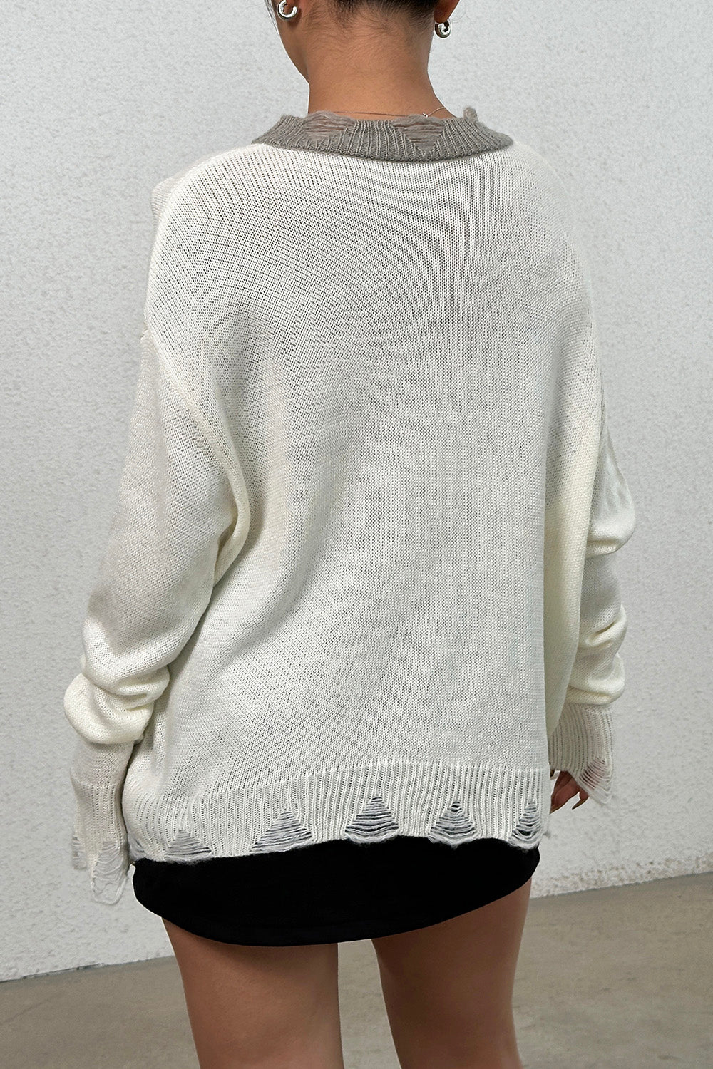 Distressed V - Neck Dropped Shoulder Sweater - Admiresty